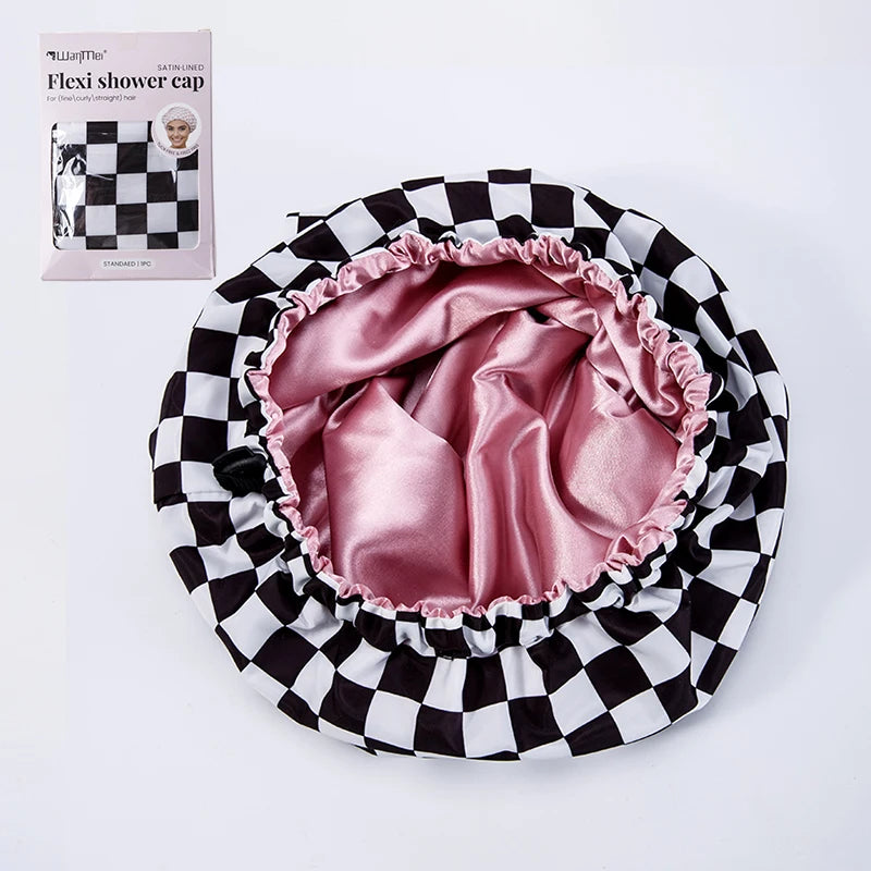 WANMEI Grid Pink White Shower Caps- Flexi Satin Lined, Large Wide Shower Cap for Women & Men, Adjustable,Hair Accessory
