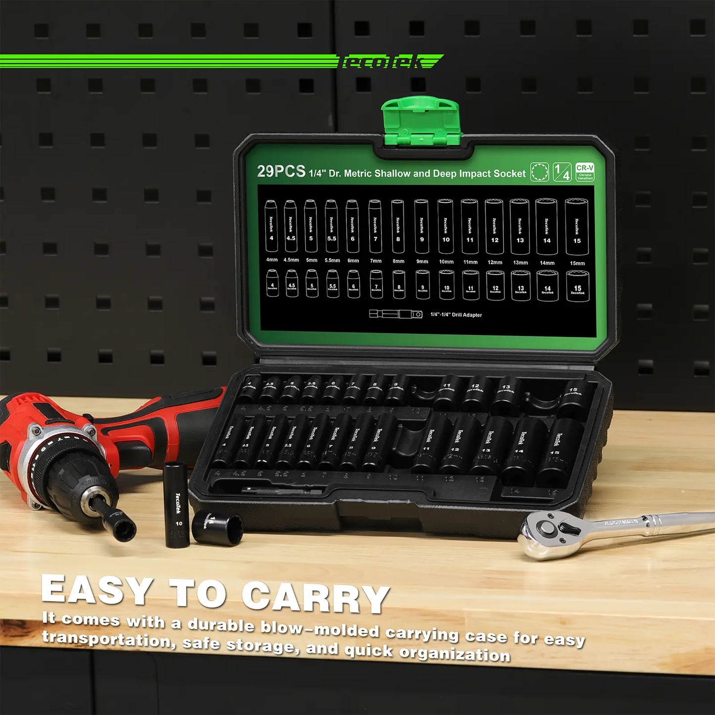 Tecotek 29 Pieces 1/4-Inch Drive Shallow and Deep 12-Point Impact Socket Set, CR-V, 4-15Mm Metric, 1/4"-1/4" Drill Adapter