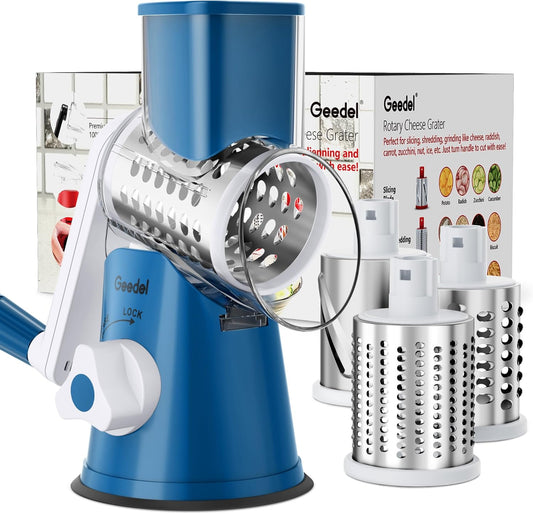 Rotary Cheese Grater, Kitchen Mandoline Vegetable Slicer with 3 Interchangeable Blades, Easy to Clean Rotary Grater Slicer for Fruit, Vegetables, Nuts