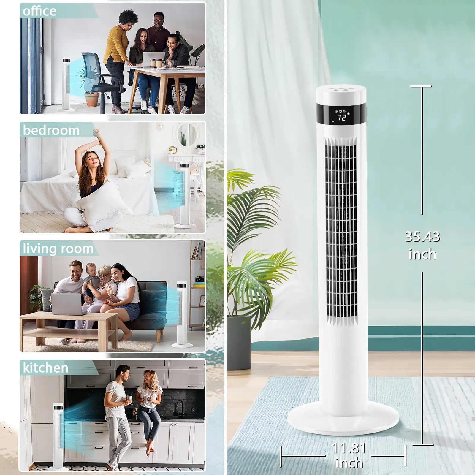 Electactic Tower Fan Portable Electric Oscillating Fan Quiet Remote Control Bladeless Floor Fan 3-Spped Wind Mode 12H Timer Bedroom Office